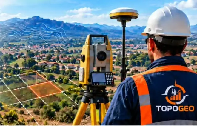 Ilustração de profissional com equipamento topográfico em campo